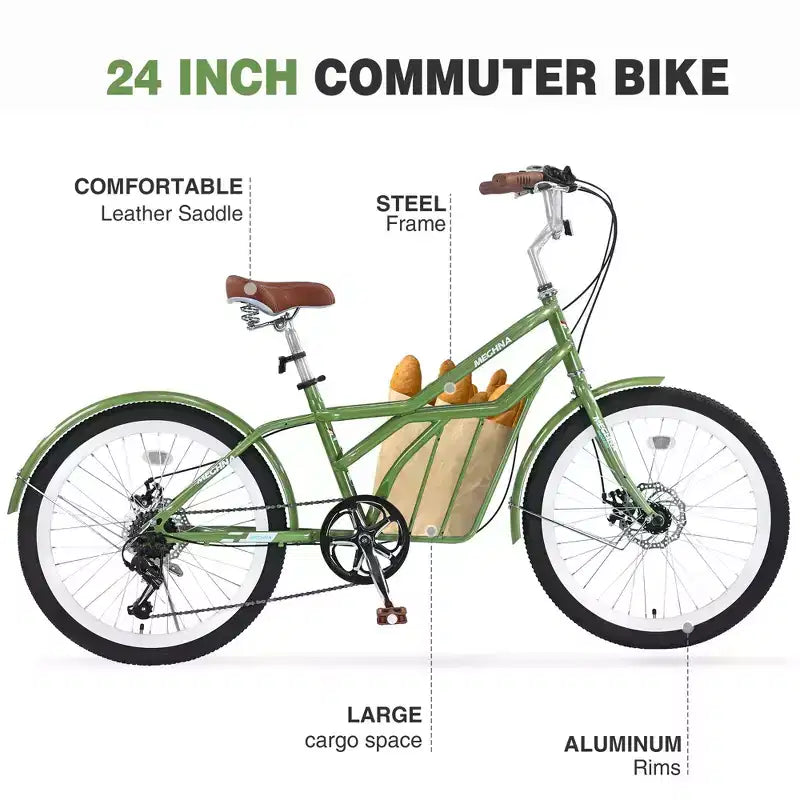 Okak 24IN Cruiser Bikes with Large Basket, 6 Speed Adult Bike with Steel Frame and Disk Brake, Commuter Bike for Men and Women