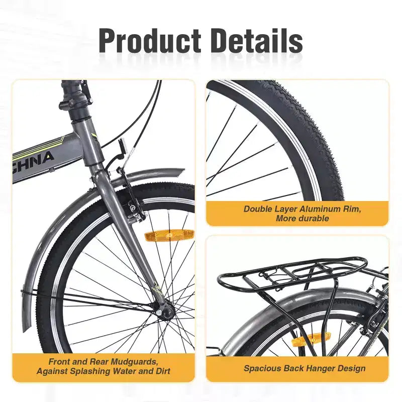 Okak 24IN Folding Bike with Fenders and Dual V-Brake, City Commuter Bicycle with Steel Frame and Shelf, Cruiser Bikes for Men and Women