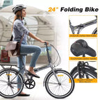 Okak 24IN Folding Bike with Fenders and Dual V-Brake, City Commuter Bicycle with Steel Frame and Shelf, Cruiser Bikes for Men and Women