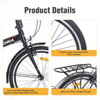 Okak 24IN Folding Bike with Fenders and Dual V-Brake, City Commuter Bicycle with Steel Frame and Shelf, Cruiser Bikes for Men and Women
