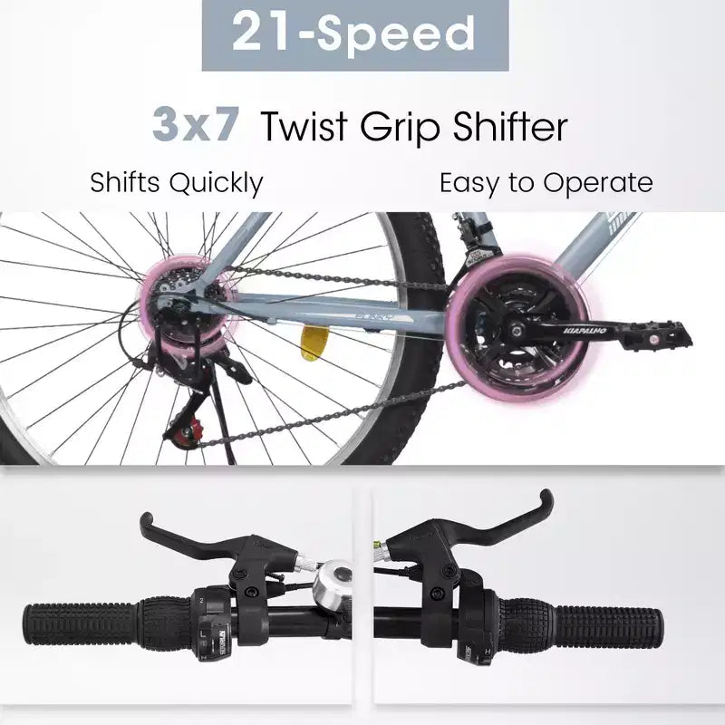 Okak 24/26IN Mountain Bike with Carbon Steel Frame, Adult Bike with 21-Speed System and Dual V-Brake, Kids Dirt Bike for Adult and Teens