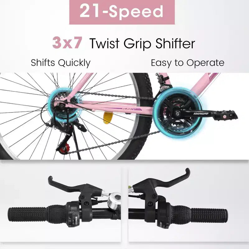 Okak 24/26IN Mountain Bike with Carbon Steel Frame, Adult Bike with 21-Speed System and Dual V-Brake, Kids Dirt Bike for Adult and Teens