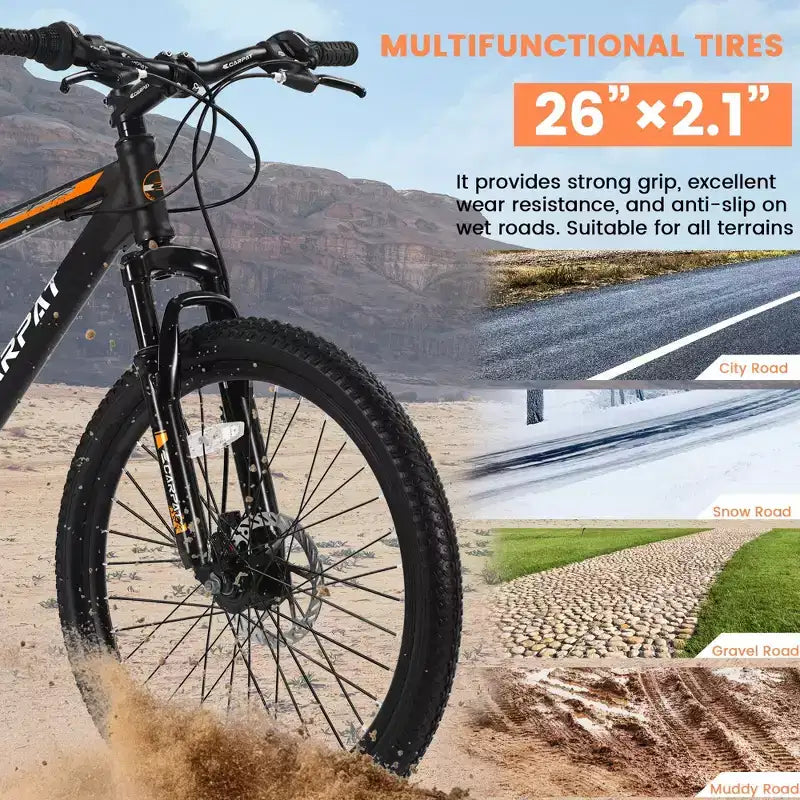 Okak 26IN Mountain Bike with 21 Speeds and Mechanical Disc Brakes, Adult Bike with High-Carbon Steel Frame, Dirt Bike for Kids & Adults