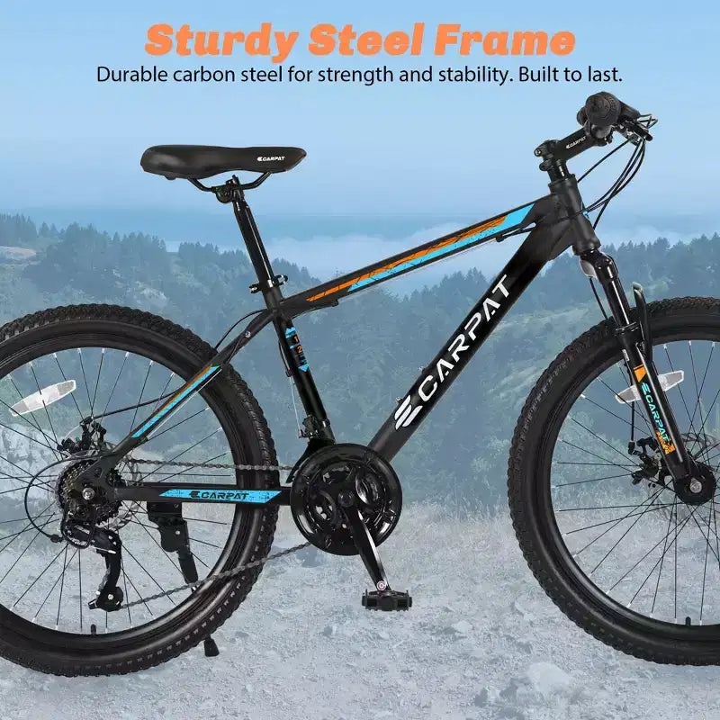 Okak 26IN Mountain Bike with 21 Speeds and Mechanical Disc Brakes, Adult Bike with High-Carbon Steel Frame, Dirt Bike for Kids & Adults