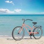 Vélos de plage Okak 26 pouces avec cadre en acier, transmission à vitesse unique, vélos adultes confortables, vélos pour hommes et femmes, rose
