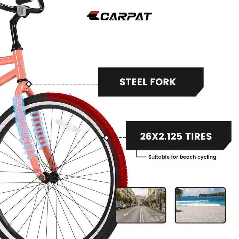 Vélos de plage Okak 26 pouces avec cadre en acier, transmission à vitesse unique, vélos adultes confortables, vélos pour hommes et femmes, rose