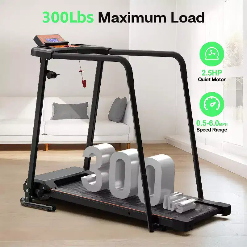 Foldable Walking Treadmill for Seniors with Extended Handrails, APP Control Option, Portable Design, 300LBS Weight Capacity