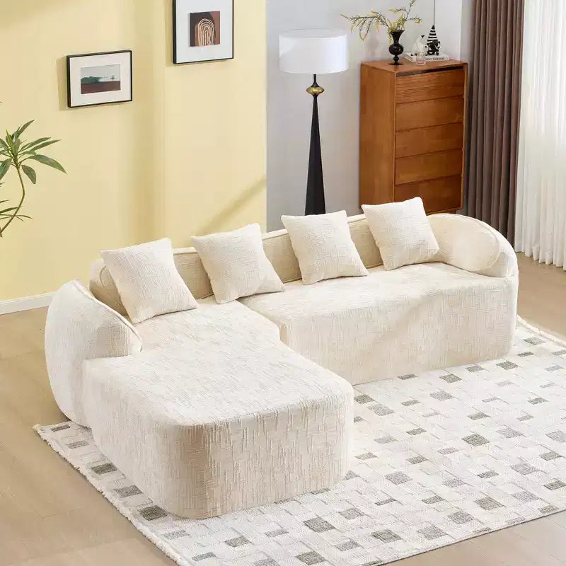 Beige Chenille L-Shape Sofa w/ Curved Arms & 4 Pillows  Neutral, Plush, Space-Smart