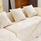 Canapé d'angle en chenille beige avec accoudoirs arrondis et 4 coussins Neutre, Douillet, Gain de place