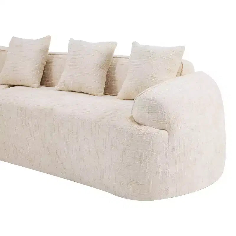 Canapé d'angle en chenille beige avec accoudoirs arrondis et 4 coussins Neutre, Douillet, Gain de place