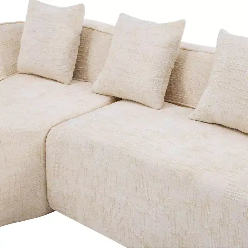 Canapé d'angle en chenille beige avec accoudoirs arrondis et 4 coussins Neutre, Douillet, Gain de place