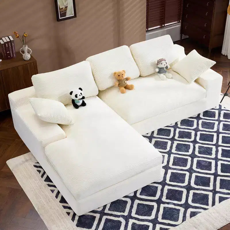 Canapé confortable en velours côtelé blanc avec 5 coussins – L'indispensable du salon douillet