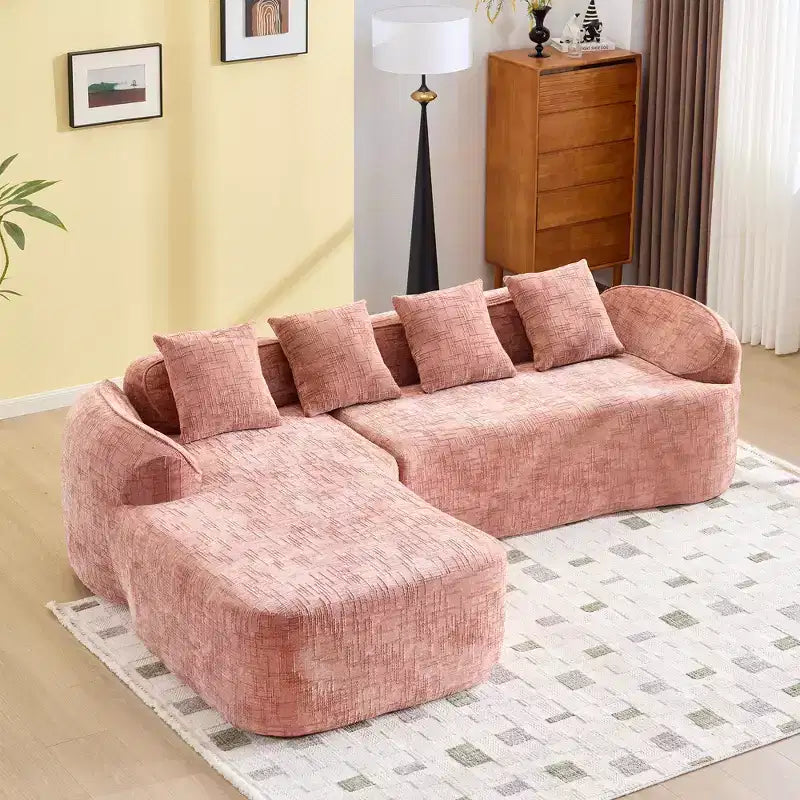 Pink Chenille L-Shape Sofa w/ Curved Arms, 4 Pillows  Cloud-Soft & Space-Smart