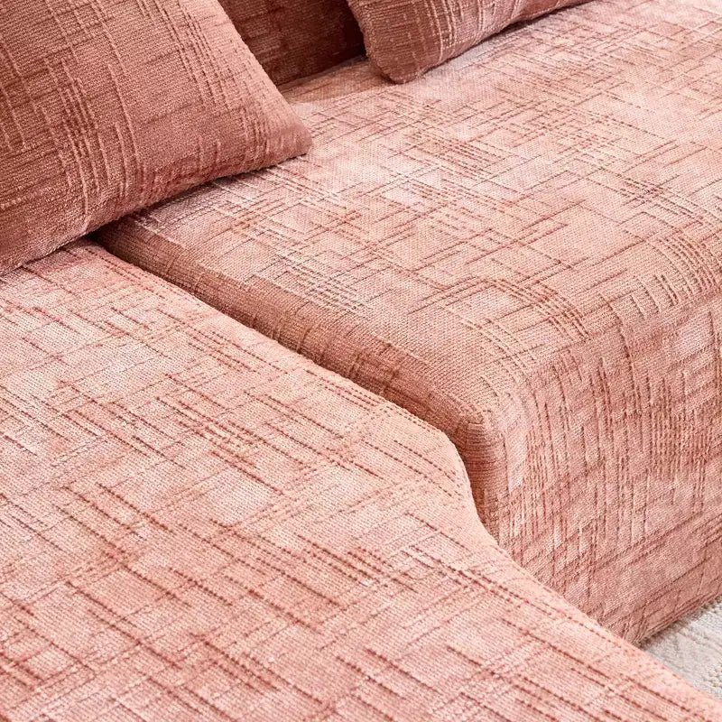 Canapé d'angle en chenille rose avec accoudoirs incurvés, 4 oreillers – Doux comme un nuage et astucieux