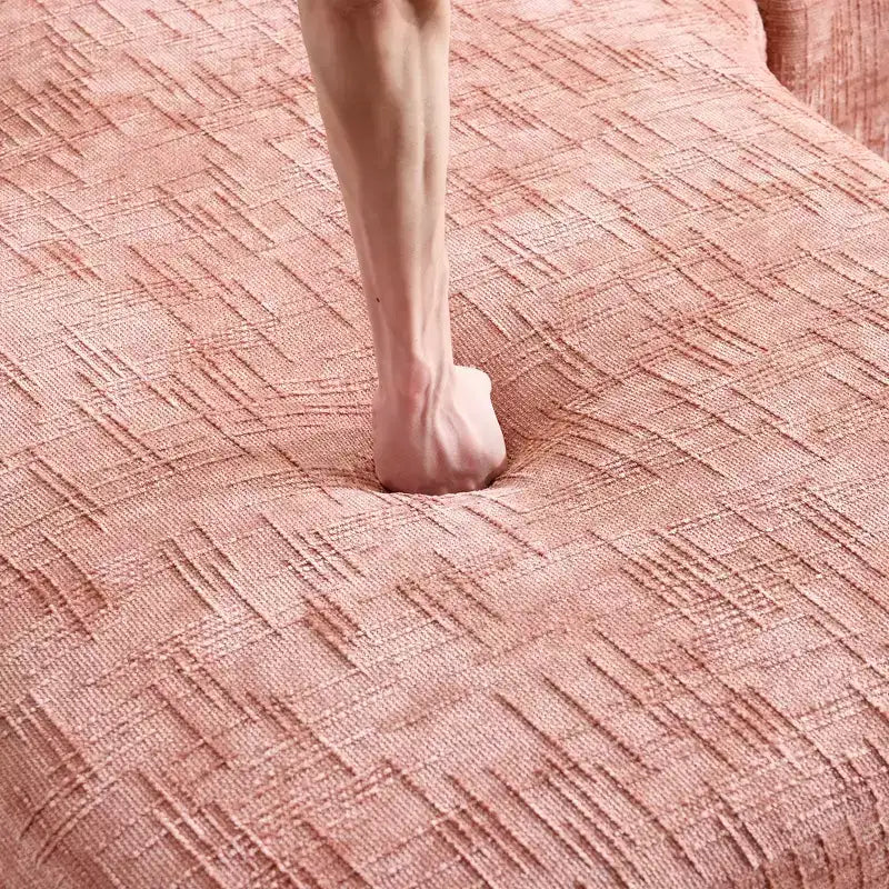 Canapé d'angle en chenille rose avec accoudoirs incurvés, 4 oreillers – Doux comme un nuage et astucieux
