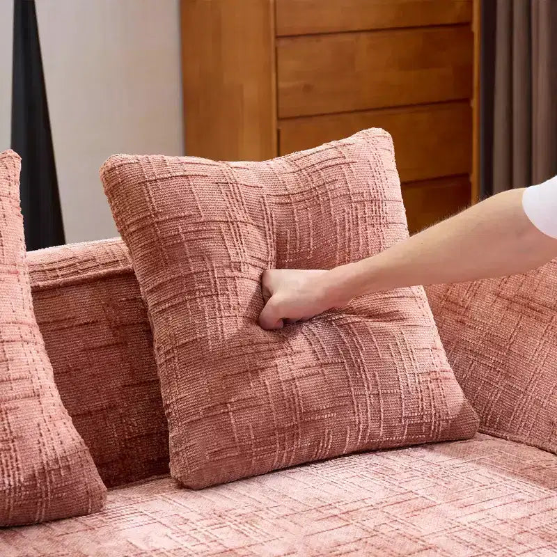 Canapé d'angle en chenille rose avec accoudoirs incurvés, 4 oreillers – Doux comme un nuage et astucieux