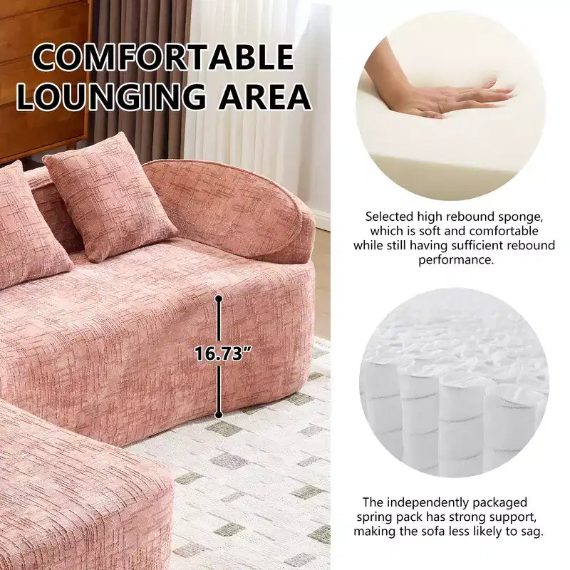 Canapé d'angle en chenille rose avec accoudoirs incurvés, 4 oreillers – Doux comme un nuage et astucieux