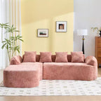 Canapé d'angle en chenille rose avec accoudoirs incurvés, 4 oreillers – Doux comme un nuage et astucieux