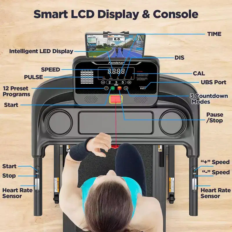 Tapis de course à domicile, tapis roulant électrique pliable portable avec inclinaison réglable, contrôle par application, 64 programmes, capacité de 136 kg, 12 km/h