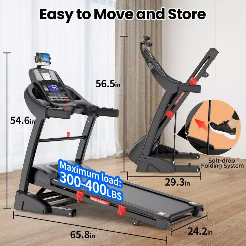 Tapis de course pliable 5 CV pour la maison avec inclinaison automatique de 15 %, capacité de 180 kg, tapis de course portable 16 km/h, 64+7 programmes, entraînement personnalisé avec application