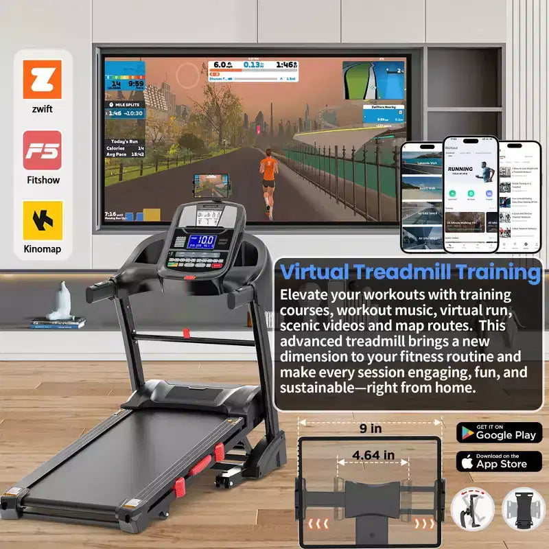 Tapis de course pliable 5 CV pour la maison avec inclinaison automatique de 15 %, capacité de 180 kg, tapis de course portable 16 km/h, 64+7 programmes, entraînement personnalisé avec application