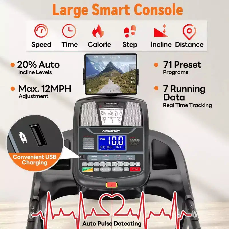 5.1HP Folding Treadmill for Home with 20% Auto Incline,300-400 LB Capacity,Adjustable iPad Holder, 12MPH Speed, 71 Programs,Knee Straps Gift