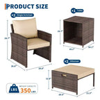 L'ensemble de 5 meubles de jardin en rotin comprend des coussins moelleux, deux poufs et une table basse à double plateau.