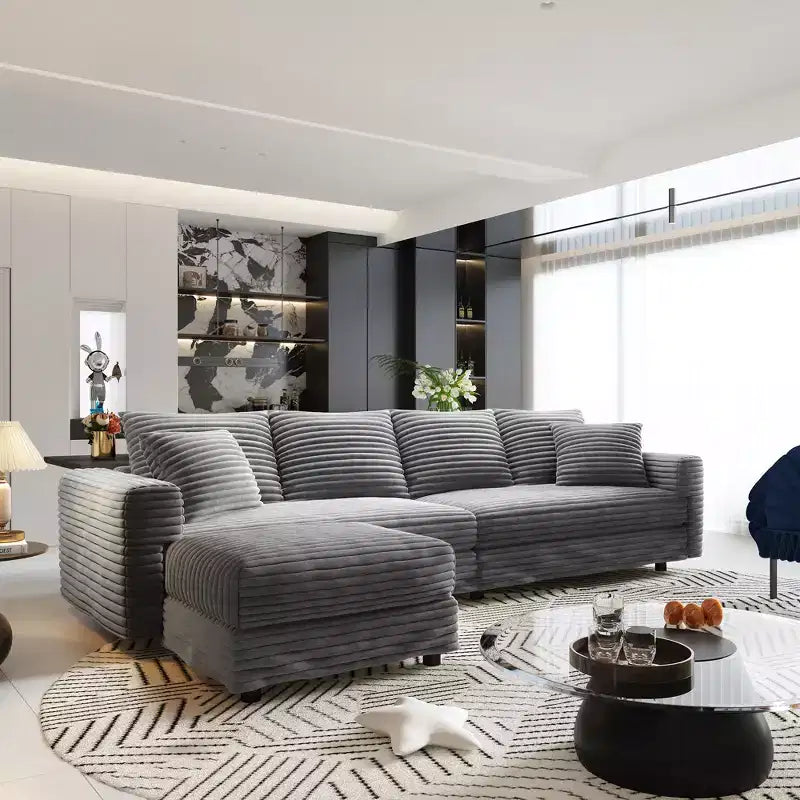 EHMKNP Plush Corduroy 4-Seat Sofa,Modern Comfy Upholstered Sofa Cloud Couch,Deep Seat Couches with Soft Pillows and Movable Ottoman