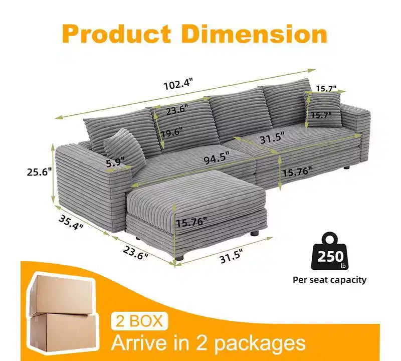 EHMKNP Plush Corduroy 4-Seat Sofa,Modern Comfy Upholstered Sofa Cloud Couch,Deep Seat Couches with Soft Pillows and Movable Ottoman