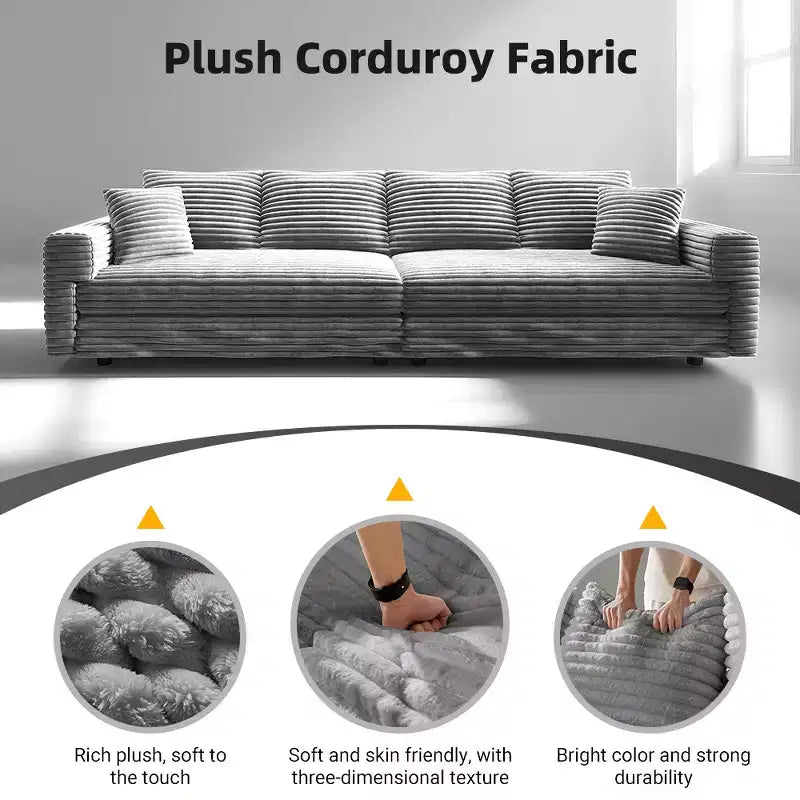 EHMKNP Plush Corduroy 4-Seat Sofa,Modern Comfy Upholstered Sofa Cloud Couch,Deep Seat Couches with Soft Pillows and Movable Ottoman