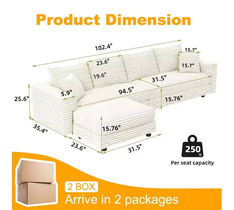 EHMKNP Plush Corduroy 4-Seat Sofa,Modern Comfy Upholstered Sofa Cloud Couch,Deep Seat Couches with Soft Pillows and Movable Ottoman