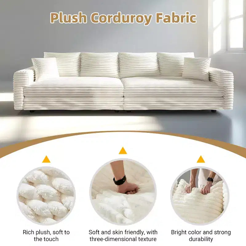 EHMKNP Plush Corduroy 4-Seat Sofa,Modern Comfy Upholstered Sofa Cloud Couch,Deep Seat Couches with Soft Pillows and Movable Ottoman