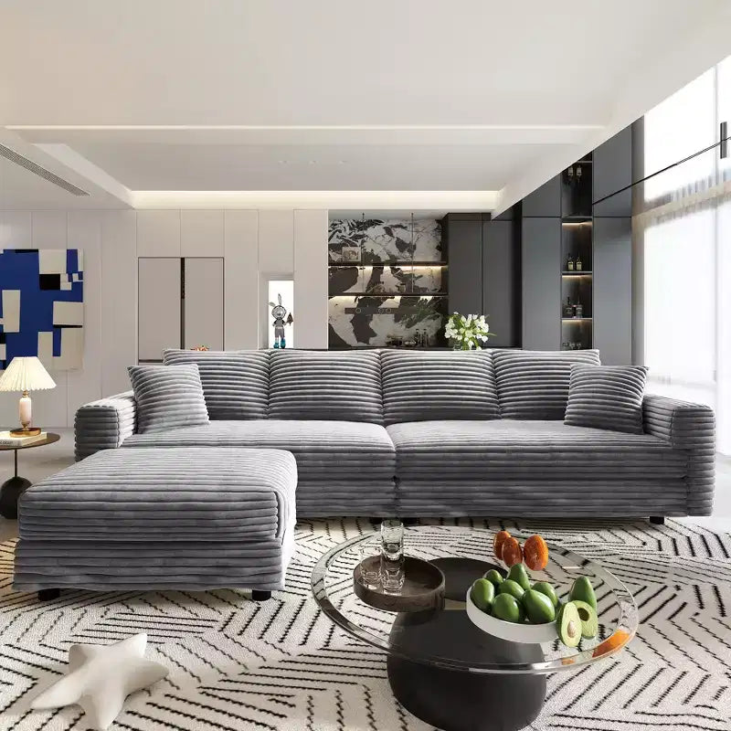 EHMKNP Plush Corduroy 4-Seat Sofa,Modern Comfy Upholstered Sofa Cloud Couch,Deep Seat Couches with Soft Pillows and Movable Ottoman