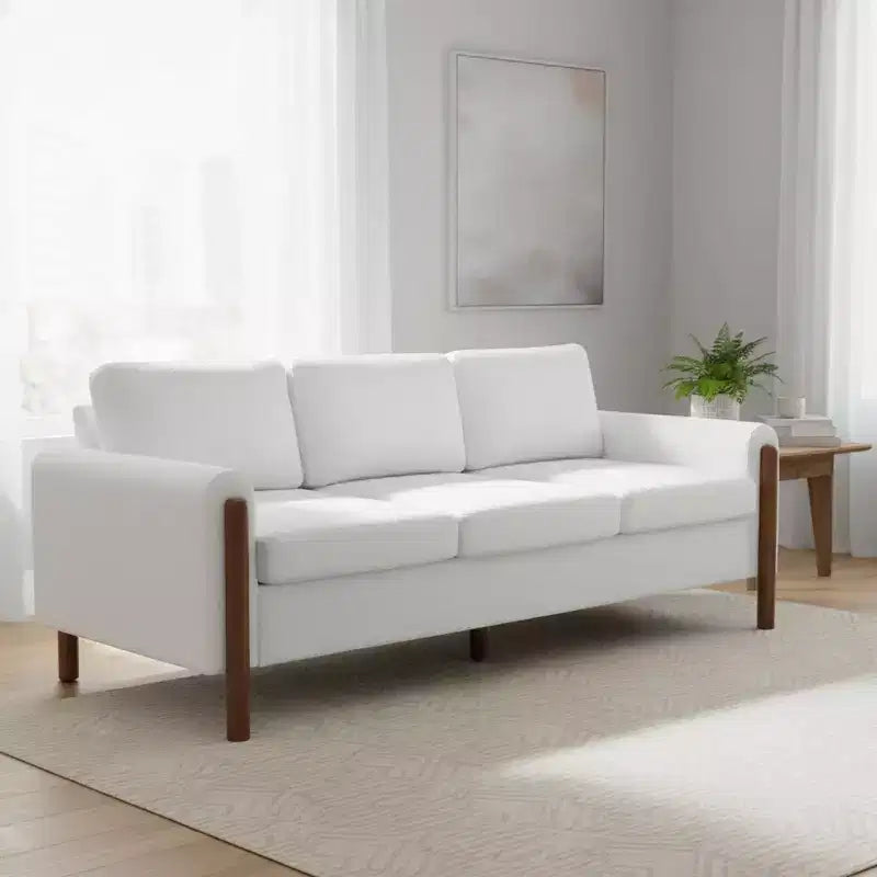 Homy Casa 83.86 Three-Seat Sofa with Curved Armrests & Integrated Wood Legs, Teddy Upholstery