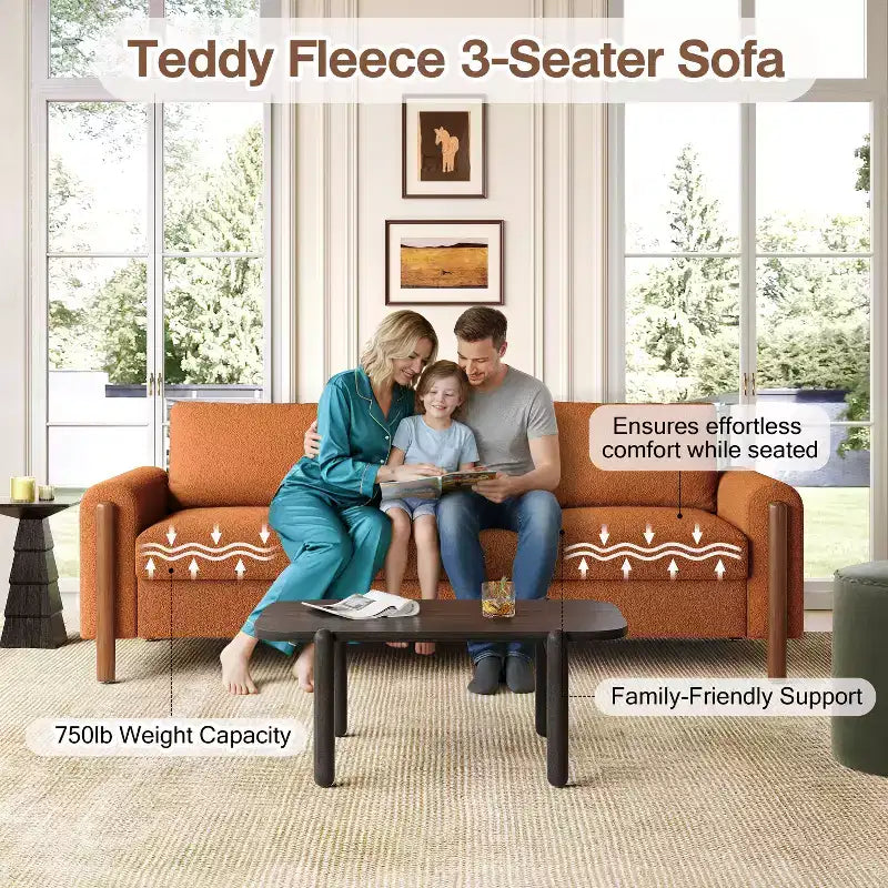 Homy Casa 83.86 Three-Seat Sofa with Curved Armrests & Integrated Wood Legs, Teddy Upholstery