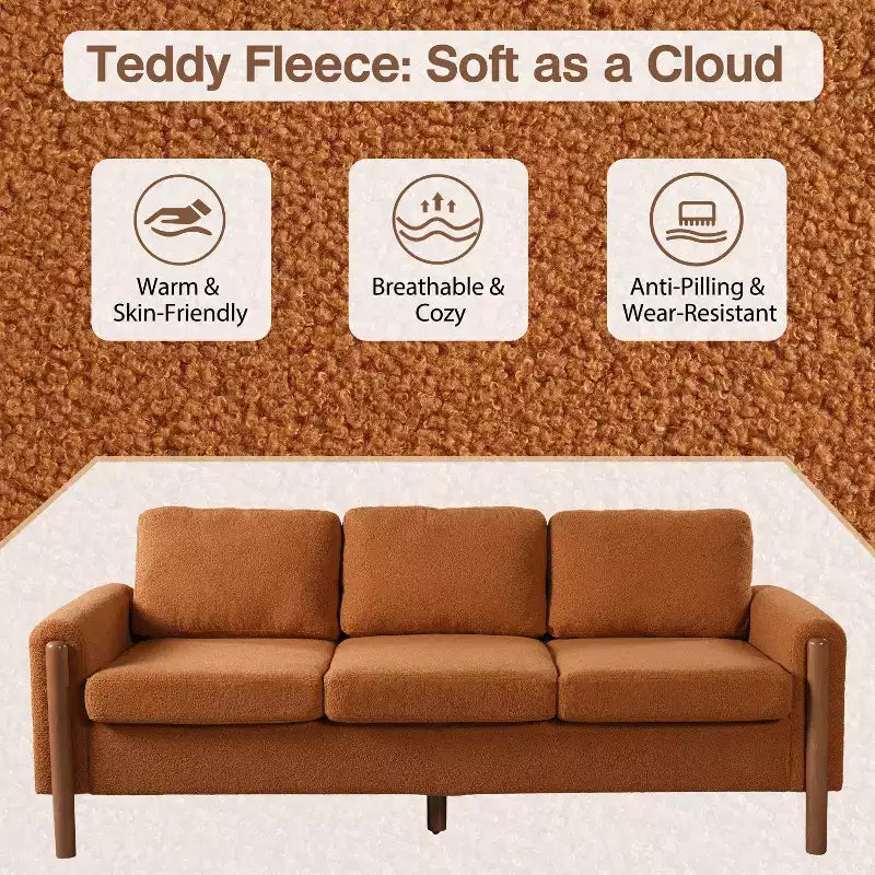 Homy Casa 83.86 Three-Seat Sofa with Curved Armrests & Integrated Wood Legs, Teddy Upholstery