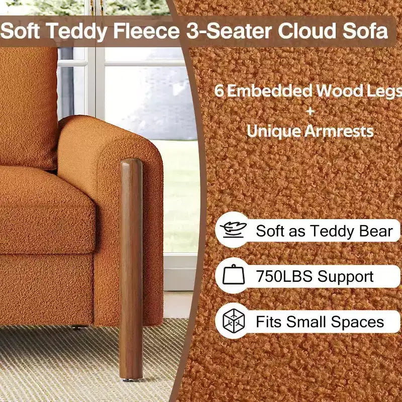 Homy Casa 83.86 Three-Seat Sofa with Curved Armrests & Integrated Wood Legs, Teddy Upholstery