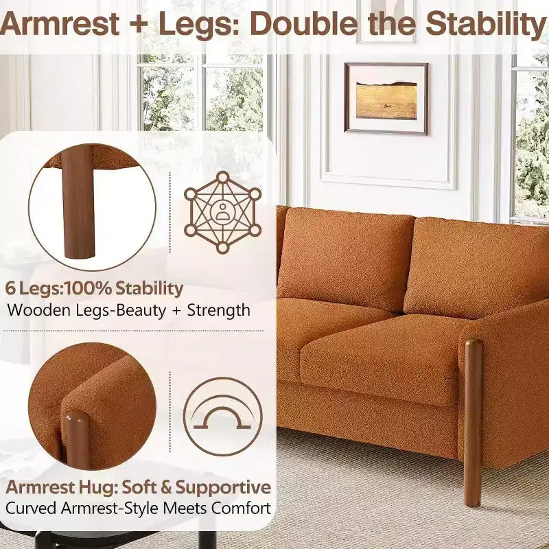 Homy Casa 83.86 Three-Seat Sofa with Curved Armrests & Integrated Wood Legs, Teddy Upholstery