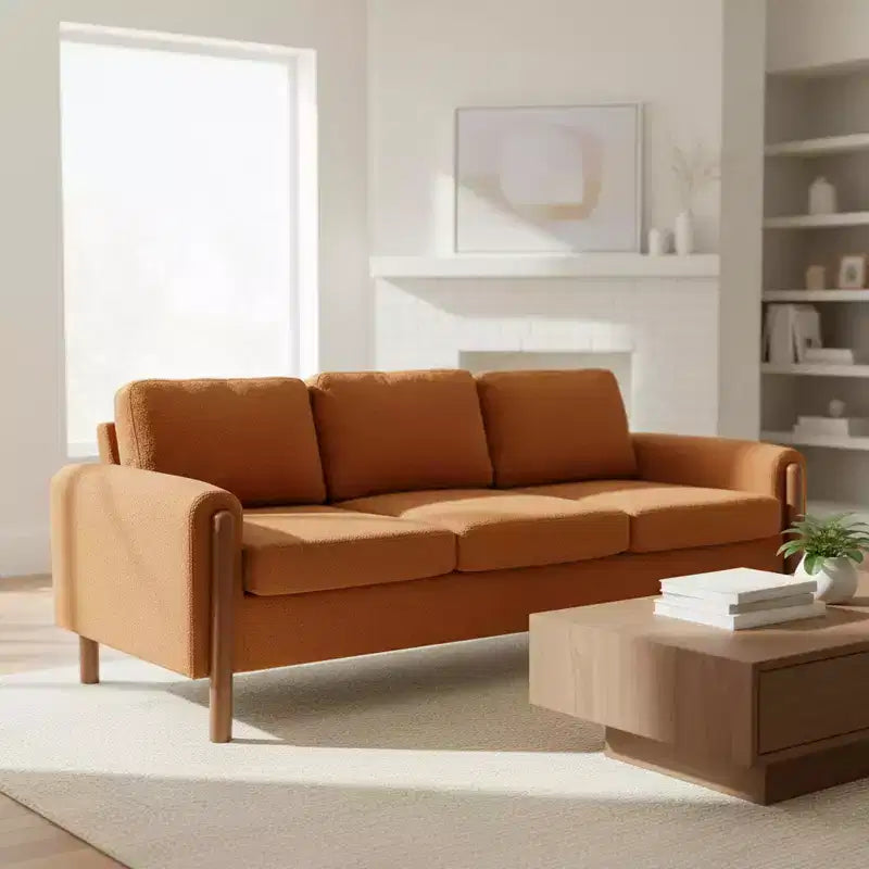 Homy Casa 83.86 Three-Seat Sofa with Curved Armrests & Integrated Wood Legs, Teddy Upholstery