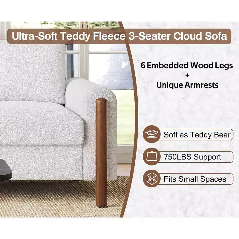 Homy Casa 83.86 Three-Seat Sofa with Curved Armrests & Integrated Wood Legs, Teddy Upholstery