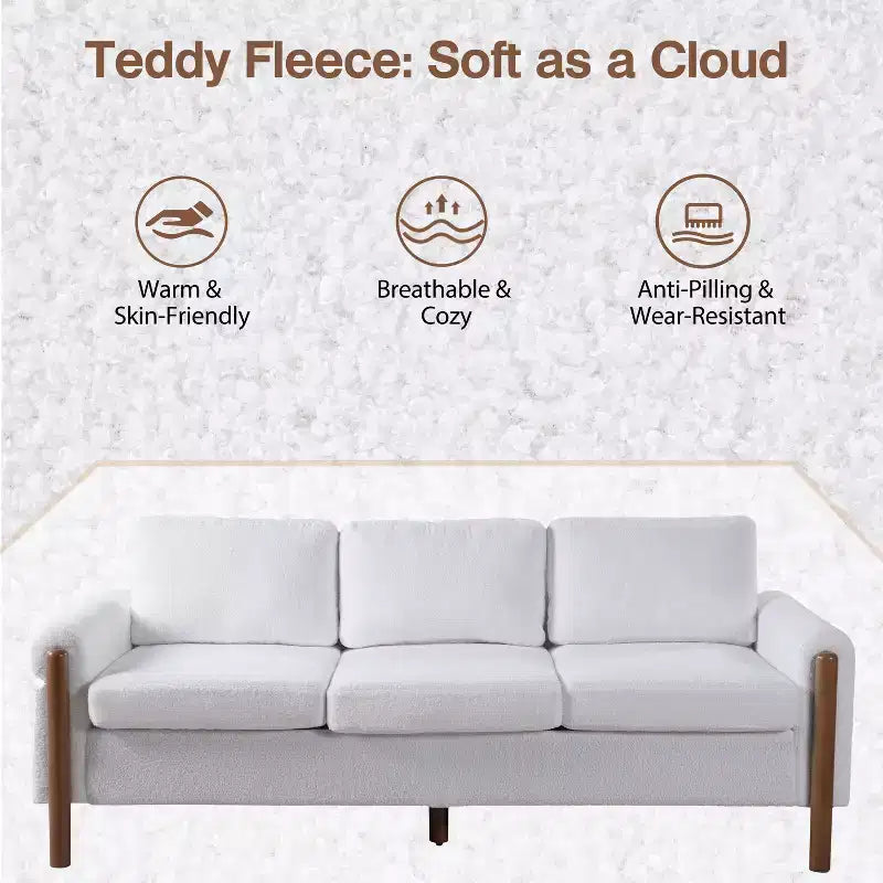 Homy Casa 83.86 Three-Seat Sofa with Curved Armrests & Integrated Wood Legs, Teddy Upholstery