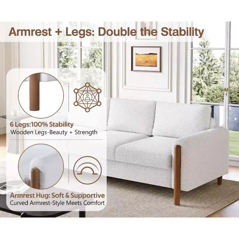 Homy Casa 83.86 Three-Seat Sofa with Curved Armrests & Integrated Wood Legs, Teddy Upholstery