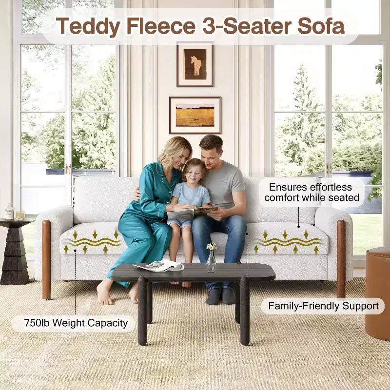 Homy Casa 83.86 Three-Seat Sofa with Curved Armrests & Integrated Wood Legs, Teddy Upholstery