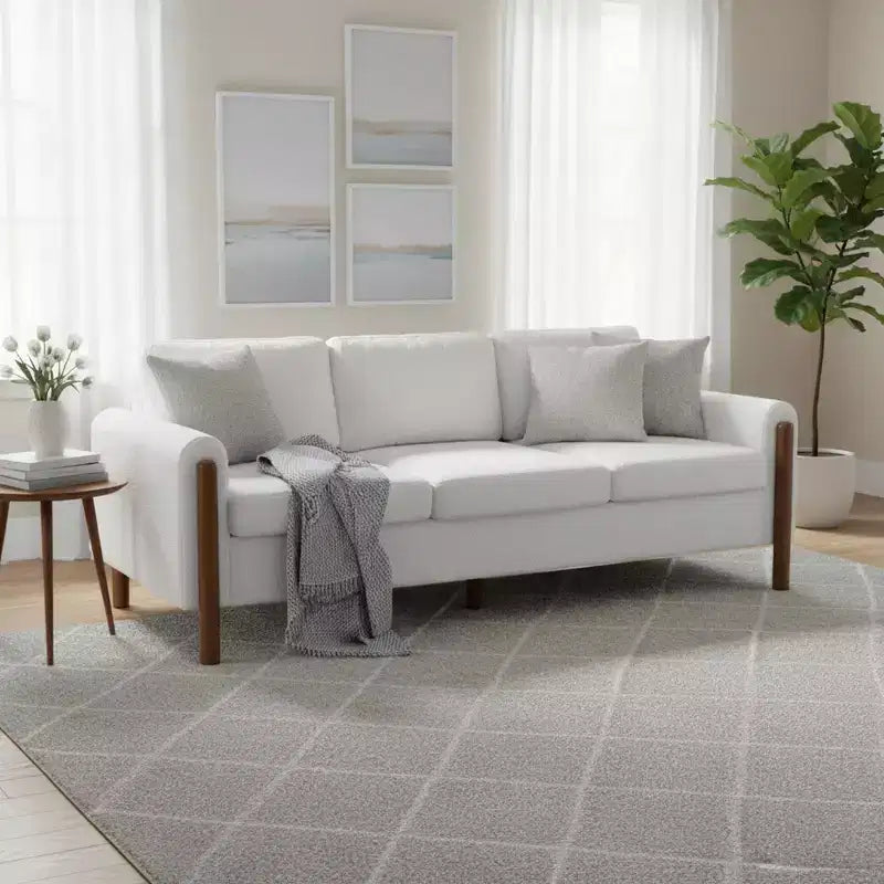 Homy Casa 83.86 Three-Seat Sofa with Curved Armrests & Integrated Wood Legs, Teddy Upholstery