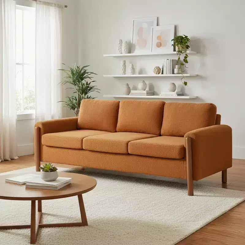 Homy Casa 83.86 Three-Seat Sofa with Curved Armrests & Integrated Wood Legs, Teddy Upholstery