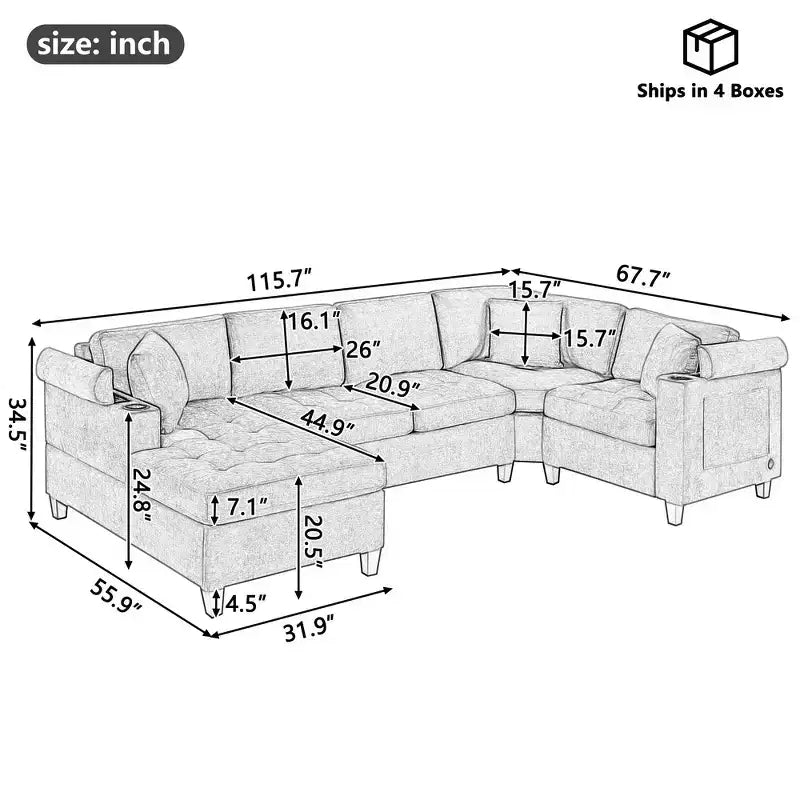 Whisen 115.7 Canapé d'angle moderne en U et grand canapé sectionnel avec porte-gobelets intégrés et espace de rangement