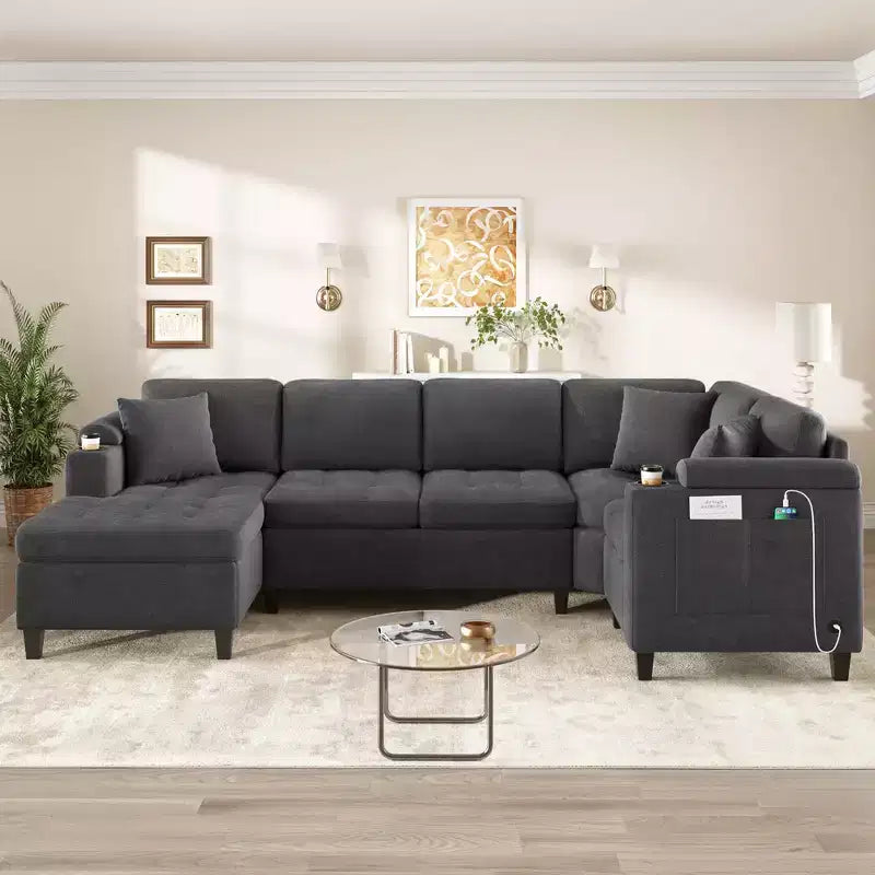 Whisen 115.7 Canapé d'angle moderne en U et grand canapé sectionnel avec porte-gobelets intégrés et espace de rangement