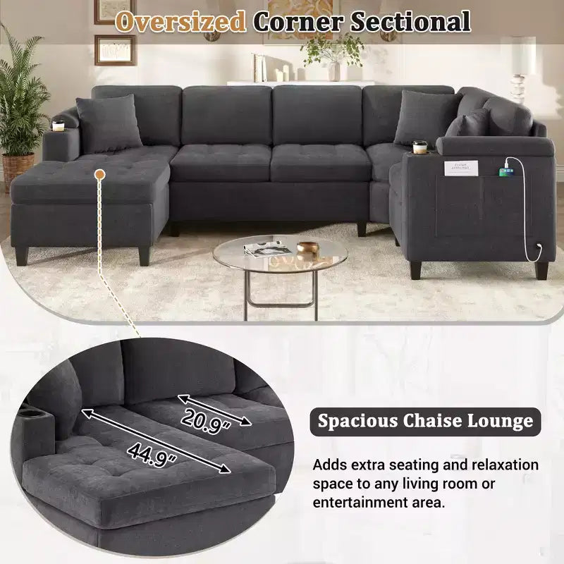 Whisen 115.7 Canapé d'angle moderne en U et grand canapé sectionnel avec porte-gobelets intégrés et espace de rangement