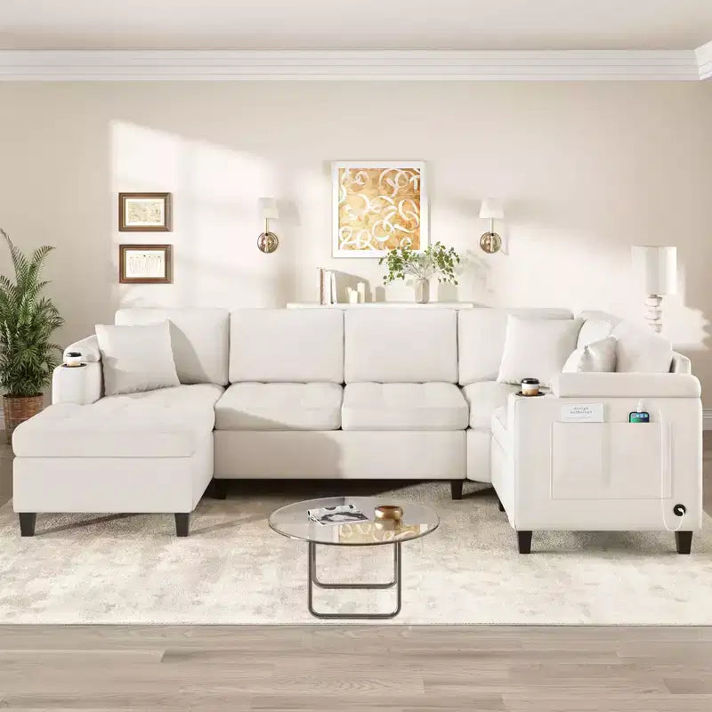 Whisen 115.7 Canapé d'angle moderne en U et grand canapé sectionnel avec porte-gobelets intégrés et espace de rangement