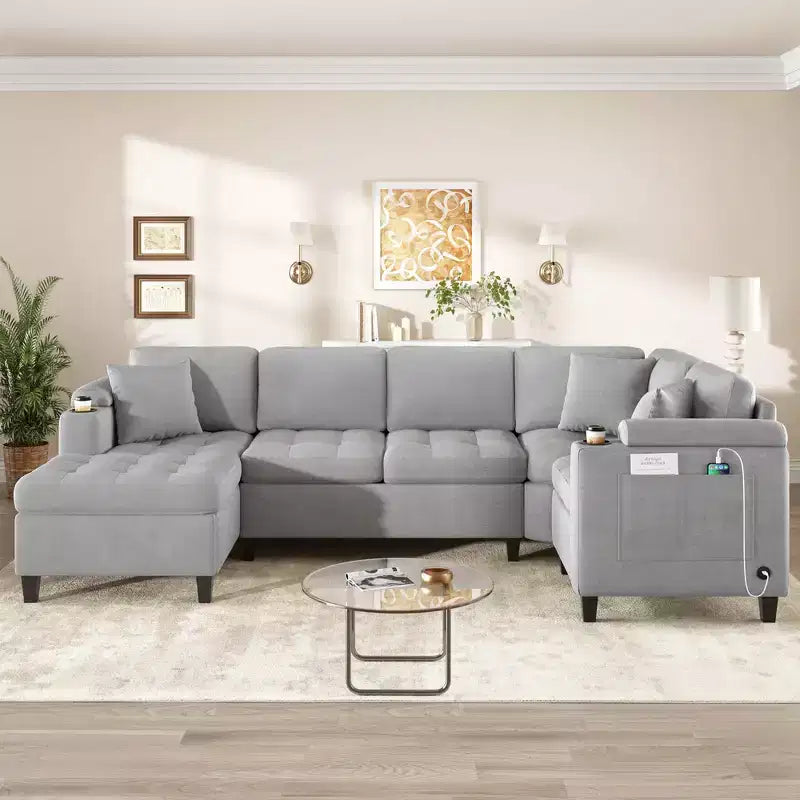 Whisen 115.7 Canapé d'angle moderne en U et grand canapé sectionnel avec porte-gobelets intégrés et espace de rangement